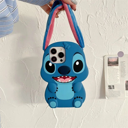 Stitch 3D Silicone Cartoon Phone Case for IPhone 14 13 12 11 15 Pro Max Fluffy Fur Plush Ear Sleeves Gift for Girls and Boys