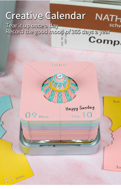 3D Calendar 2025 Memo Pad Omoshiroi Block Carousel Blue Notepad Artistic 3D Paper Art Sculpture Model Desk Ornaments Novel Gift