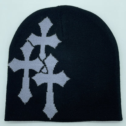 Gorro de punto con jacquard y crucifijo Y2K, gorro de hip hop popular en Europa y Estados Unidos, gorro de moda de tendencia callejera para adultos