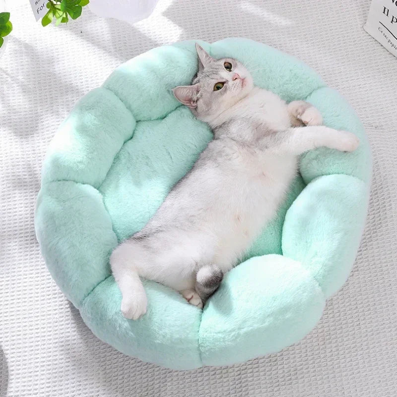 Cama de felpa para mascotas, cálida y relajante para el invierno, con forma de dona para gatos y perros, cojín antiansiedad para dormir profundamente, cama para gatos con forma de flor, nido grueso para acurrucarse