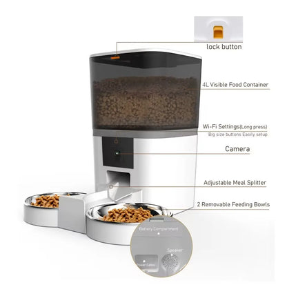Comedero automático para gatos de 4 l, comedero inteligente para mascotas, dispensador de comida para gatos y perros pequeños con cámara grabadora, temporizador cuantitativo, cuenco doble