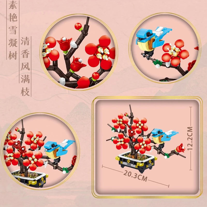 Peach Blossom Romantic Flower Vase Garden Birds Potted Plants Assembly MOC Building Blocks Classic Model Bricks Sets Kids Gifts