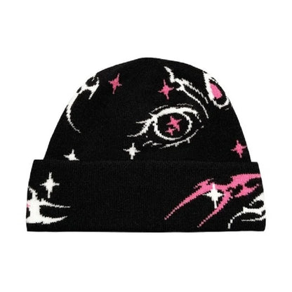 Gorro de punto de lana acrílica con patrón gótico Y2K para mujer, gorro de jacquard a prueba de viento, cálido, estilo hip hop, grunge, informal, para exteriores
