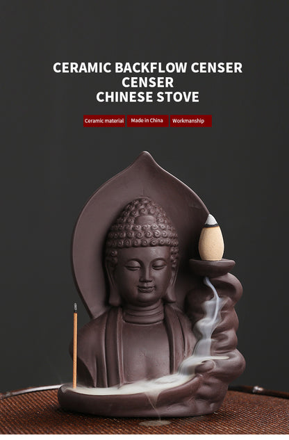1pc Brûleur d'encens à refoulement Nuages ​​de bon augure Bouddha Brûleur d'encens à refoulement en argile violette Porte-encens (sans encens)