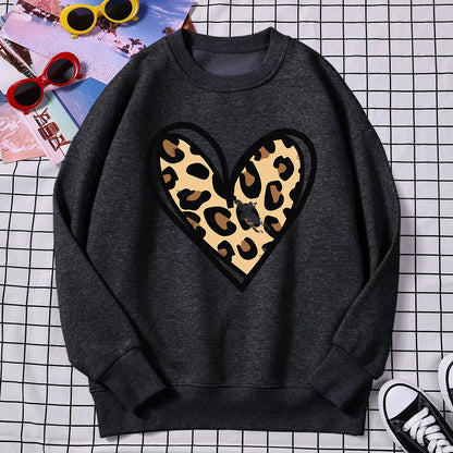 Sweat-shirt d'hiver Harajuku pour femme, imprimé léopard incomplet, imprimé cœur, sweat à capuche, chaud, col ras du cou, polaire confortable