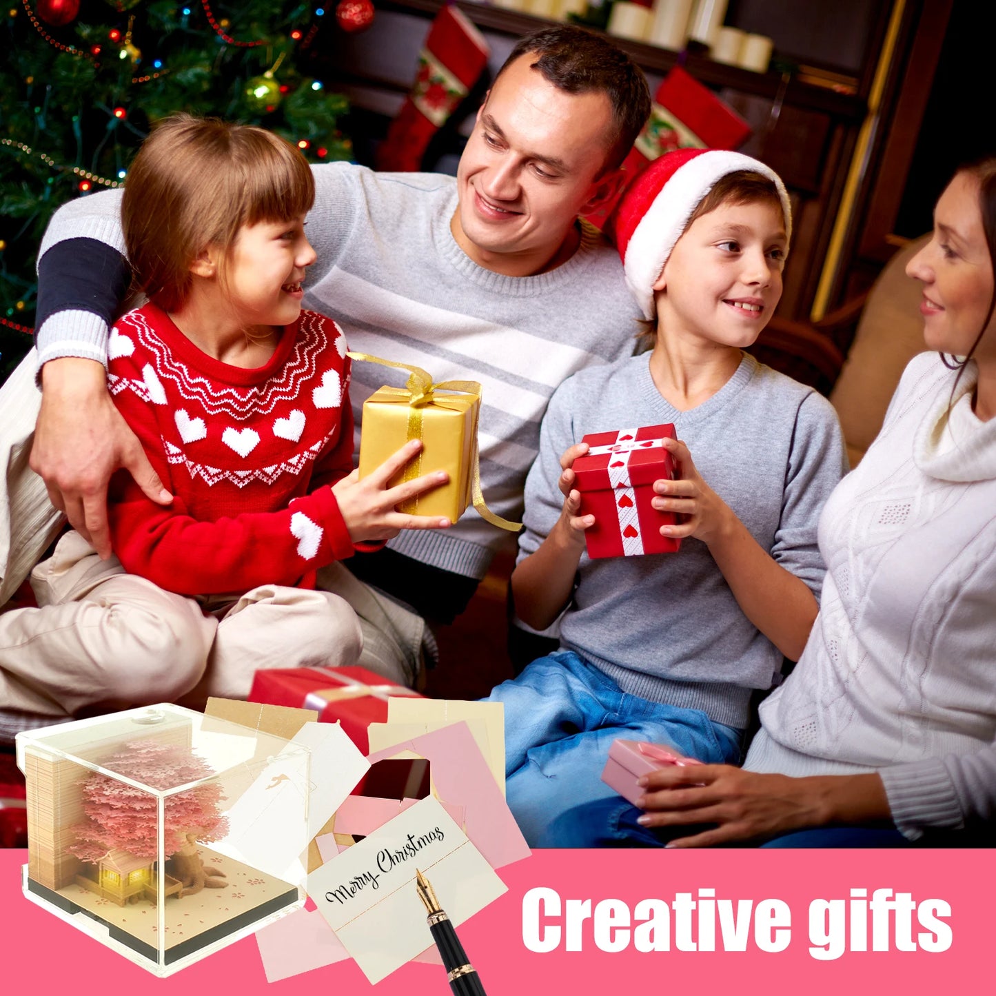 3D Memo Pad Paper Carving Notes 2024 Calendar Memo Pad with LED Light Tear-Away Paper Memo Pad Note Cards Birthday Gift Kids