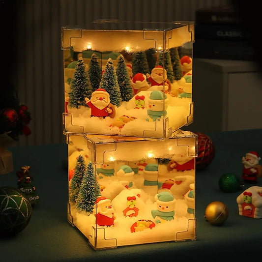Christmas DIY Decorations Mirror LED Cube Lamp 3D Santa Claus Snowman Tree Christmas Lights DIY Night Light Tabletop Ornament