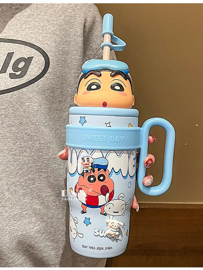 800Ml Crayon Shin-Chan 316 Stainless Steel Thermos Cup Cute Cartoon Doll Couple Water Cup Large Capacity Straw Cup Gift Toys
