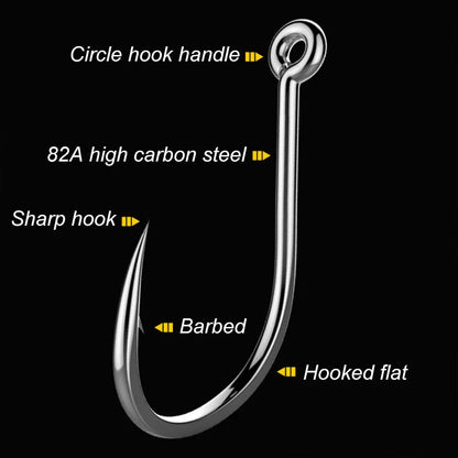 50pcs/Pack Big Eye Fishing Hook Circle Offset Fishhooks Barbed Saltwater High Carbon Steel Fish Hooks For Sea Lake River Fishing