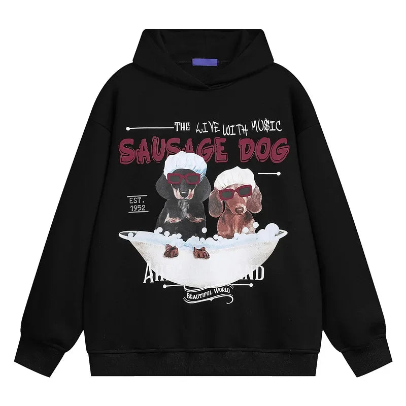 Vintage American Style Men's Creative Cool Dog Print Loose Fit Grey Fleece Lined Hooded Sweatshirt Couple Model Casual Wear