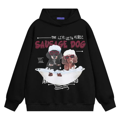 Vintage American Style Men's Creative Cool Dog Print Loose Fit Grey Fleece Lined Hooded Sweatshirt Couple Model Casual Wear