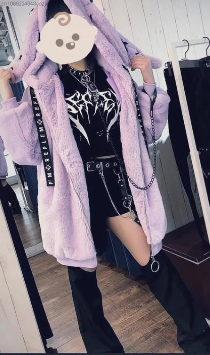 2023 Winter New Harajuku Rabbit Ear Plush Coat Y2k Clothes Soft Zipper Tops Hooded Women Gothic Punk Style Mid Length Jacket