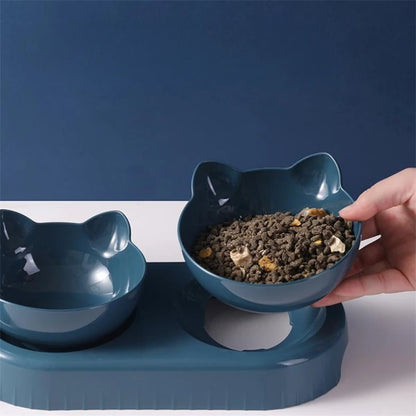 Triple Cat Bowls Pet Feeder, 2-in-1 Double Bowls with Automatic Drinking Bottle, Tilted and Rotatable Design for Cats and Dogs