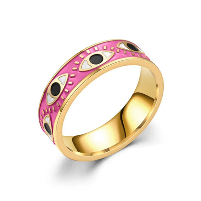 Pink Red Blue Enamel Engrave Cute Lovely Turkish Evil Eye Stainless Steel Rings 6MM Gold Color Eternity Band Rings For Women