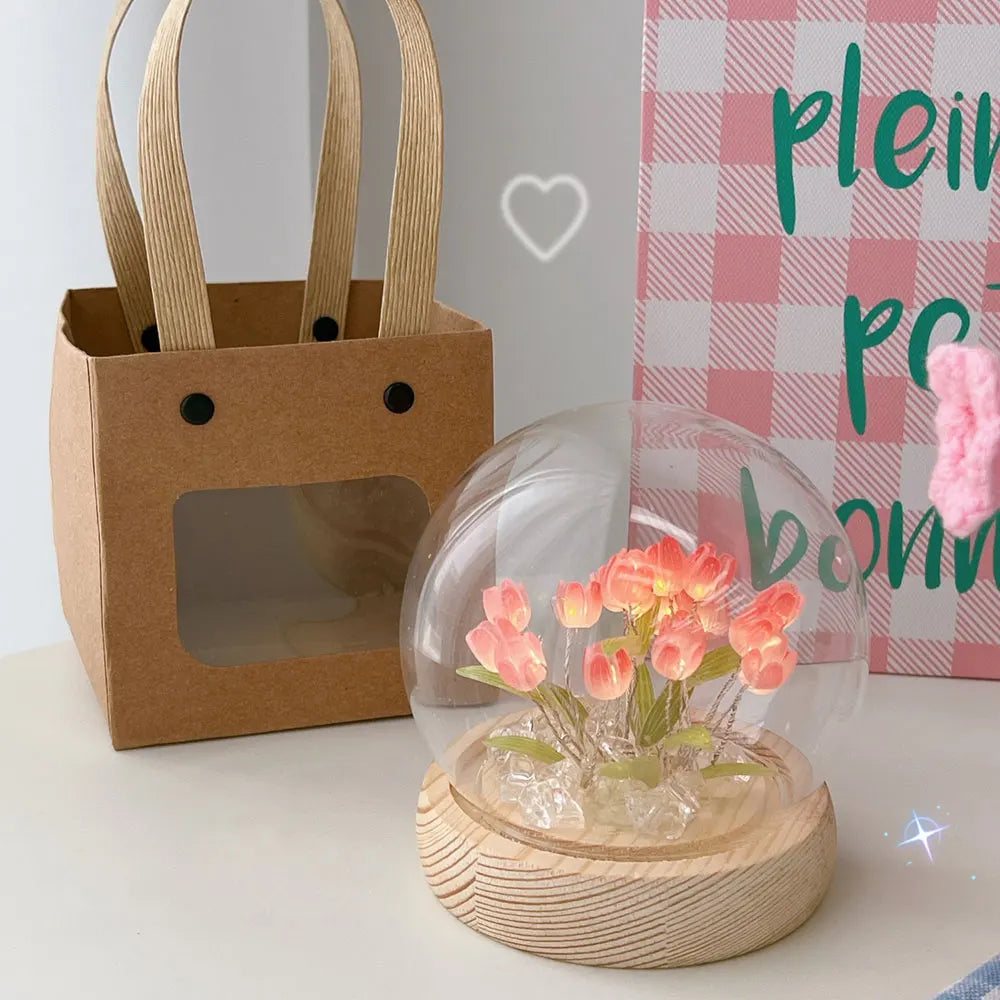Artificial Tulip Flower Night Light Handmade DIY Bedside Lamp LED Night Lamp Bedroom Decor Christmas Birthday Gifts Table Lamp