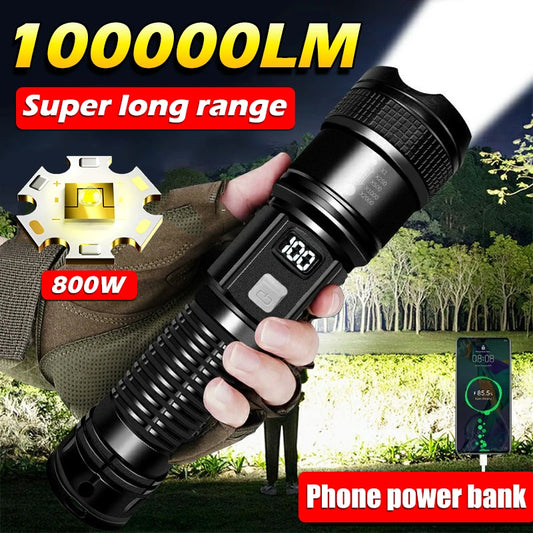 Lampe de poche LED ultra-lumineuse à longue portée de 100 000 lumens, lampe de poche tactique, lampe de poche d'extérieur étanche, lanterne de camping