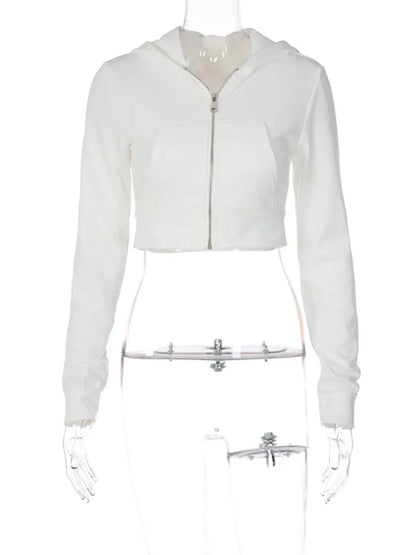 ALLNeon Y2K Aesthetic Vintage Basic Zip Up White Cropped Hoodies 2000s Fashion Big Pockets Front Hooded Long Sleeve Sweats Cute