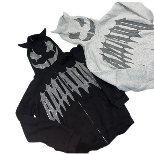Sudadera con capucha y cremallera de cara completa con diamantes de imitación unisex Y2K, holgada, de gran tamaño, con estampado de letras góticas y estrellas, para hombre y mujer