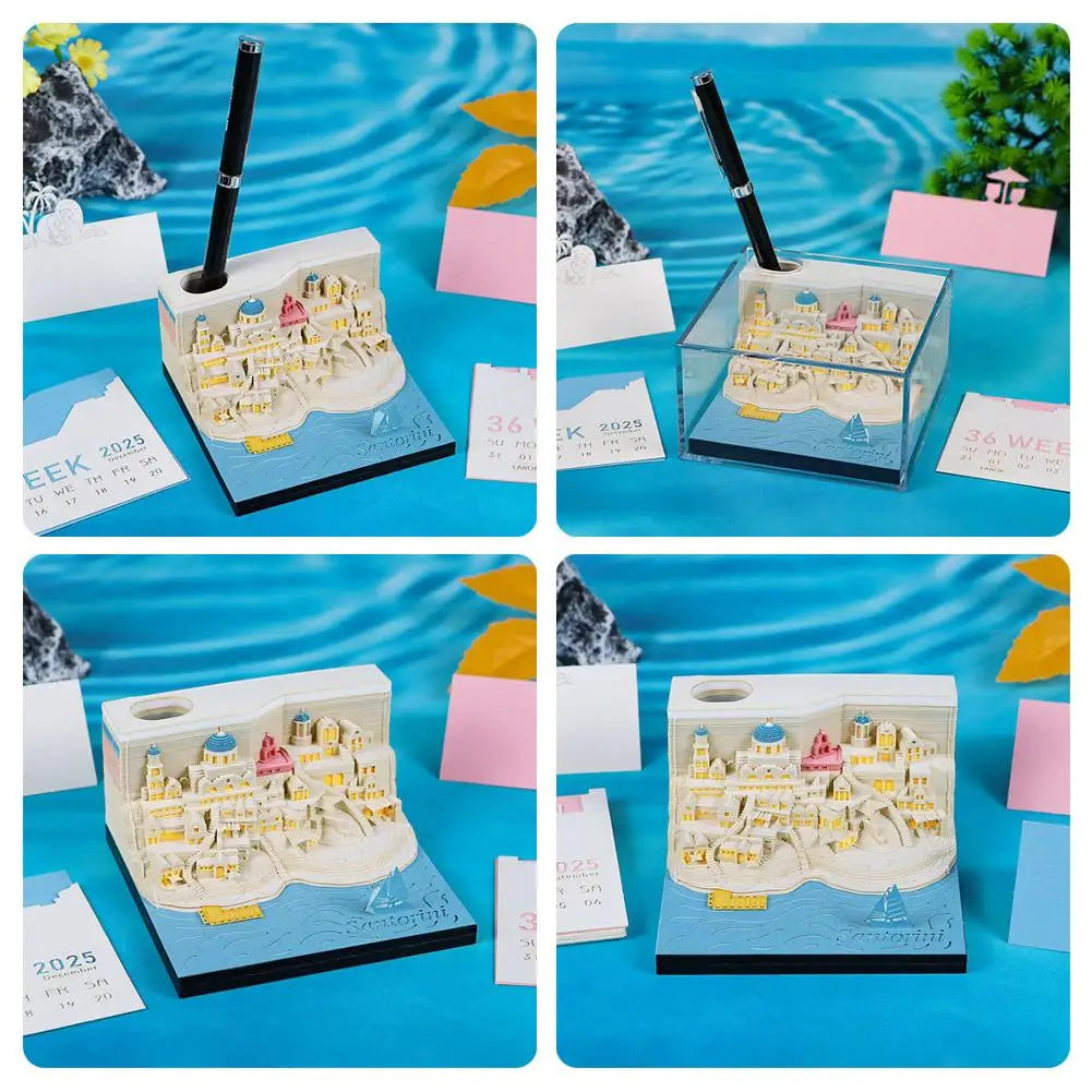 2025 Calendar 3D Notepad Block Santorini 3D Art Calendar With Led Lihjt Memo Pad Paper Notes Desk Decor Birthday Christmas Gift