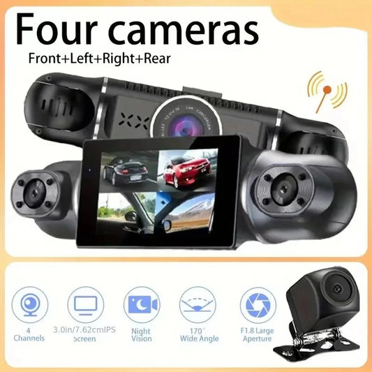 3.39 Inch IPS Screen Four Lens Vehicle DVR Dashboard Video Recorder Camera Black Car Dash Cam Monitor Universal Support 4 Lens