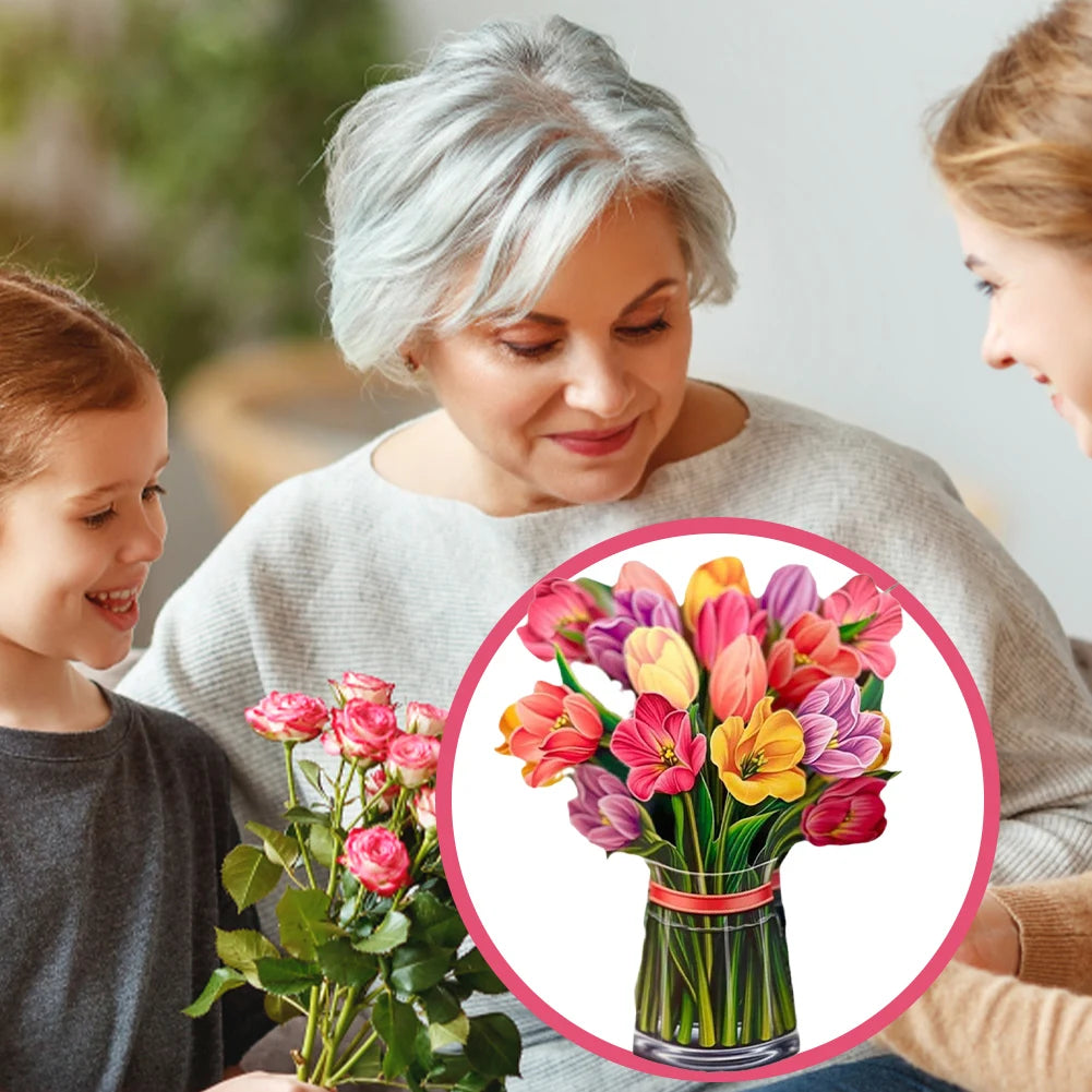 3D Pop Up Flower Greeting Card for Mothers Day Creative Multi-Style Bouquet Birthday Card Thank You Postcard for Birthday Easter