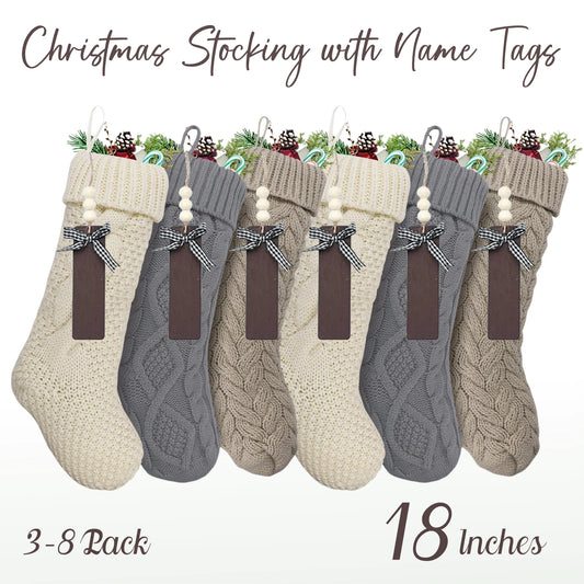 3-8Pack 18In Christmas Stockings with Name Tags Rustic Cable Knitted Stocking Decorations for Xmas Family Holiday Party Decor
