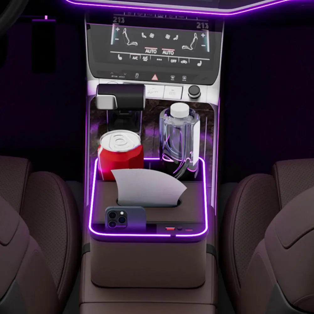 Car Console Side Organizer Car Armrest Tray Car Armrest Storage Box with Charging Ports Multi-mode Led Lights for Capacity