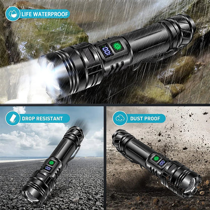 Linterna LED potente de 1000000 LM, recargable por USB, potente linterna táctica, luz de flash de alcance súper largo para pesca al aire libre