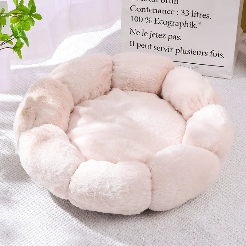 Cama de felpa para mascotas, cálida y relajante para el invierno, con forma de dona para gatos y perros, cojín antiansiedad para dormir profundamente, cama para gatos con forma de flor, nido grueso para acurrucarse