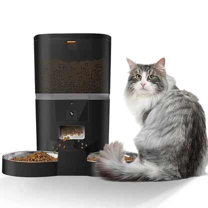 Comedero automático para gatos de 4 l, comedero inteligente para mascotas, dispensador de comida para gatos y perros pequeños con cámara grabadora, temporizador cuantitativo, cuenco doble