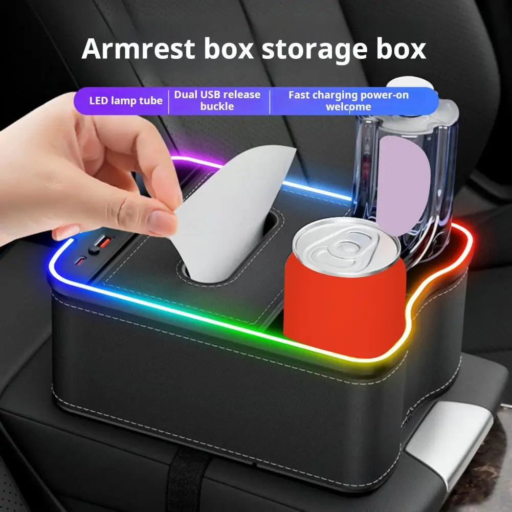 Car Console Side Organizer Car Armrest Tray Car Armrest Storage Box with Charging Ports Multi-mode Led Lights for Capacity