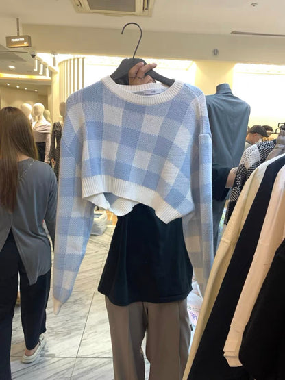 Pullovers Women Checkerboard Crop Knit Sweater Long Sleeve Crew Neck Box-fit Plaid Jumper Outfit