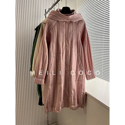 ALSEY Miyake Pleated Solid Collar Hooded Fashion Women's Jacket 2024 Autumn Winter New Long-sleeved Slim Lengthened Windbreaker