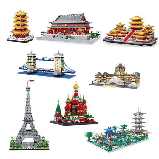 Blocs de construction en diamant d'architecture de renommée mondiale, jouets de construction en briques de taille micro, église Taj Mahal Vassili, pont de Londres