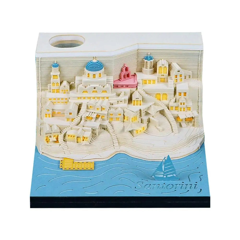 2025 Calendar 3D Notepad Block Santorini 3D Art Calendar With Led Lihjt Memo Pad Paper Notes Desk Decor Birthday Christmas Gift