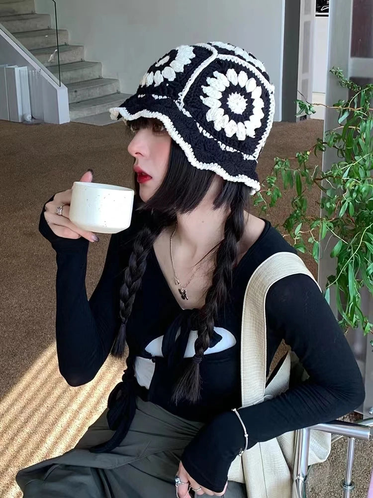 2022 New Korean-Japanese Hand Buckle Crochet Bucket Hat Spring and Autumn Winter Sun Hat Female Cherry Designer Bob Basin Hat