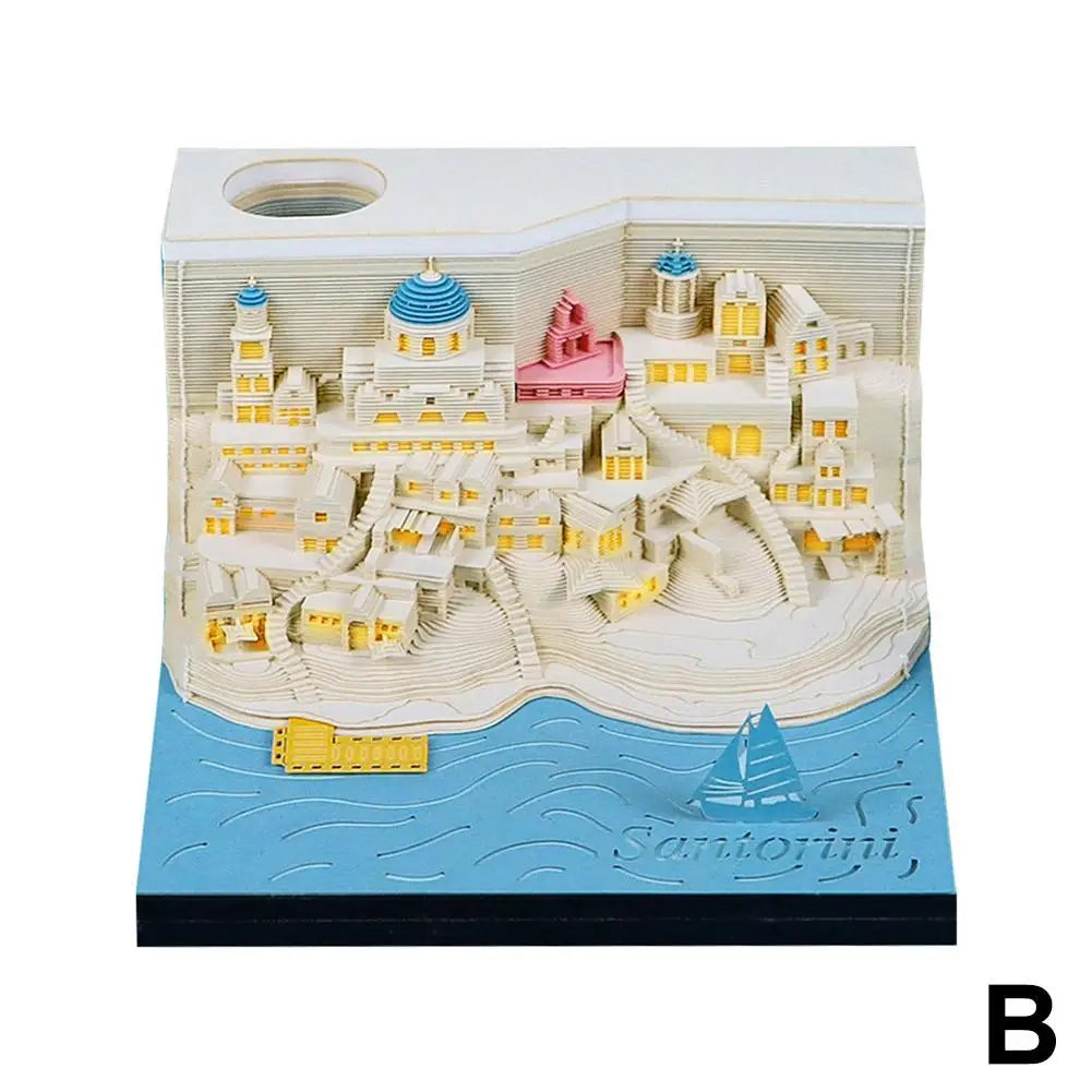 2025 Calendar 3D Notepad Block Santorini 3D Art Calendar With Led Lihjt Memo Pad Paper Notes Desk Decor Birthday Christmas Gift