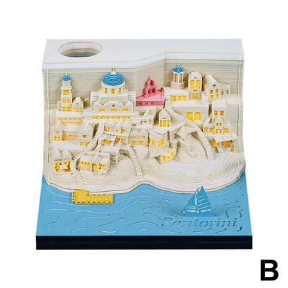 2025 Calendar 3D Notepad Block Santorini 3D Art Calendar With Led Lihjt Memo Pad Paper Notes Desk Decor Birthday Christmas Gift