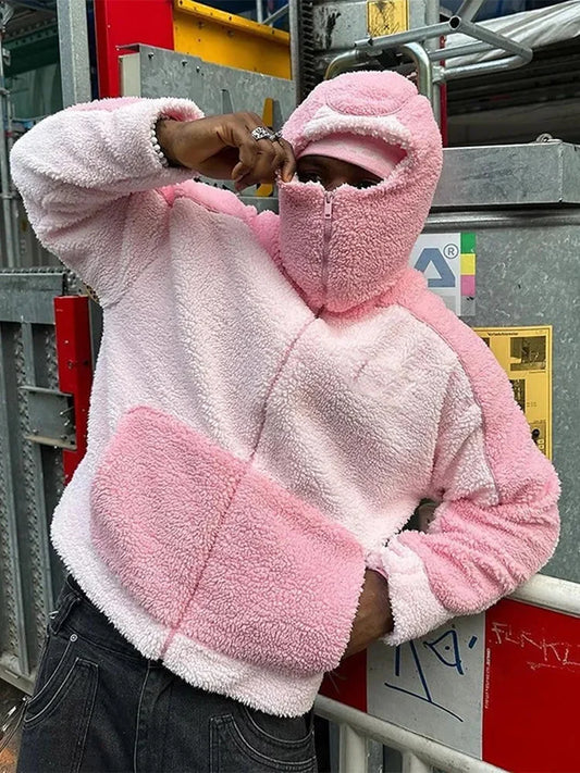 Autumn Winter Lamb Wool Fashion Loose Men's Jacket Contrast Patchwork Hooded Zipper Coat Plush Thicking Warm Couple Clothing
