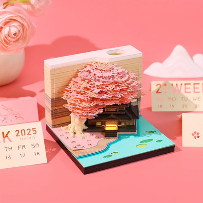 Tree Desk Calendar With LED Lights 2025 Calendar Memo Pad Creative Desk Calendar DIY Notes Notepad 3D Art Calendar Paper Carving