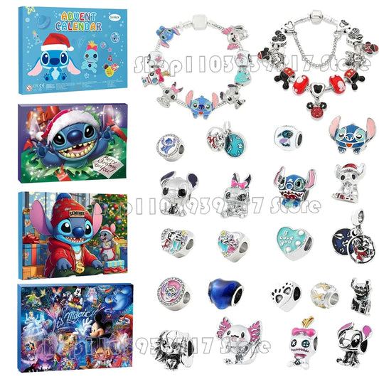 2024 Disney Christmas Angel Comes Jewelry Gift Box Anime Stitch Winnie The Pooh Mickey Kawaii DIY Beaded Bracelet Christmas Gift