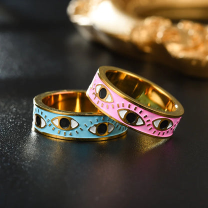 Pink Red Blue Enamel Engrave Cute Lovely Turkish Evil Eye Stainless Steel Rings 6MM Gold Color Eternity Band Rings For Women