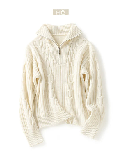 Thick Sweater Women High Quality100% Cashmere Warm Winter Long Sleeve Top Turn-down Collar Zipper Vintage Pullover