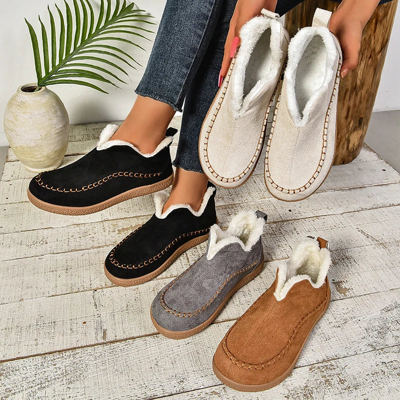 2024 New Hot Sale Suede Leather Ankle Boots Women Round Toe Thicken Fuzzy Snow Boots Comfortable Flat Anti-Slip Booties Mujer