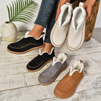 2024 New Hot Sale Suede Leather Ankle Boots Women Round Toe Thicken Fuzzy Snow Boots Comfortable Flat Anti-Slip Booties Mujer