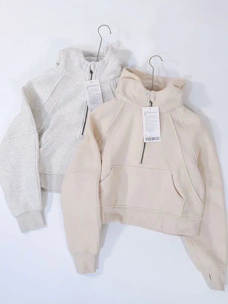 Oversized Scuba Half-Zip Hoodie Waist Length Jackets Sweatshirts Soft Thumbholes Leisure Yoga Coat for Winter