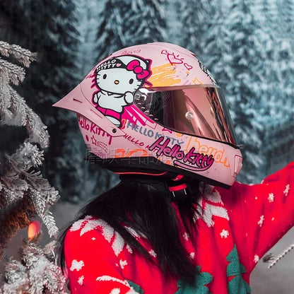 Sanrio Genuine Hello Kitty Motorcycle Helmet Full Face Racing Helmets Offroad Motorcycle Helmet Motorbike Kawaii Xmas Girl Gift