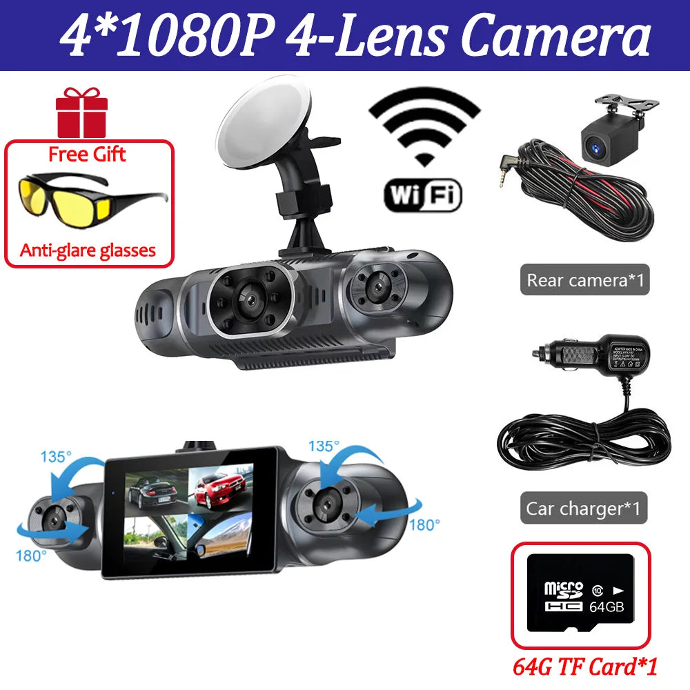 4Camera Car DVR 4*1080P 360 Degrees Video Recorder WIFI APP Dash Cam Front right left Rear View camera 24h Parking Monitor Gift