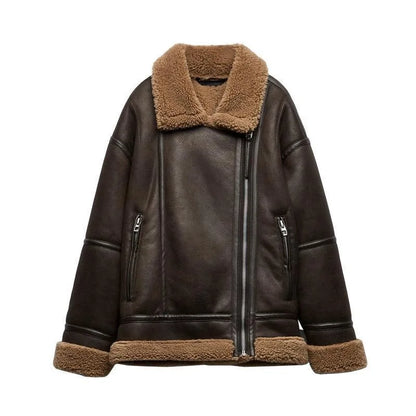 Chaqueta cálida de lana de cordero para mujer de ZBZA, abrigo de piel gruesa de estilo vintage con solapa y cremallera y manga larga con bolsillo, abrigo elegante de invierno