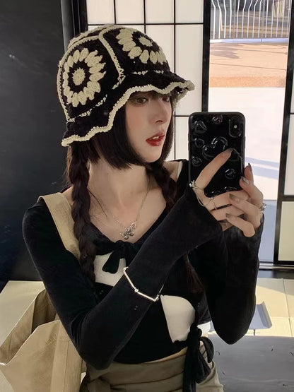 2022 New Korean-Japanese Hand Buckle Crochet Bucket Hat Spring and Autumn Winter Sun Hat Female Cherry Designer Bob Basin Hat
